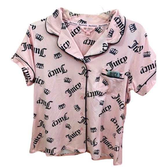 NEW Juicy Couture Pink Button Up Shirt And Shorts Pajama Set Size Medium - Picture 3 of 14
